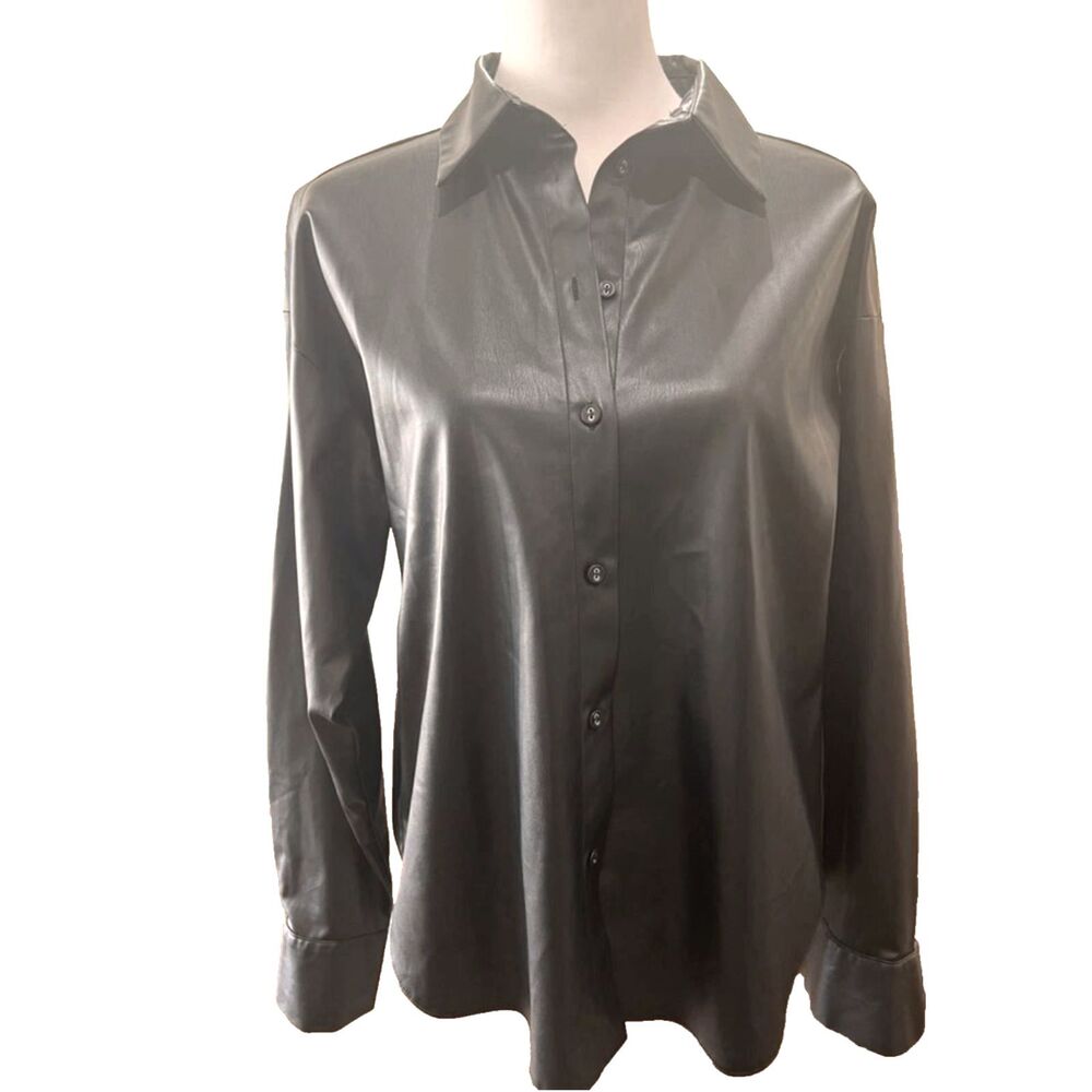 Zara Black Faux Leather Button Up Shirt Long Sleeve Vegan Leather Top Women M